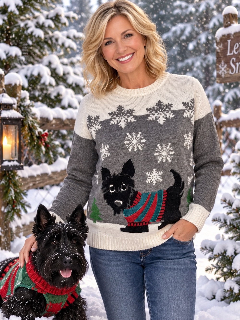 Ugly Gray Christmas Sweater Carolyn Taylor Scottie Dog Snowflake Woman’s Sz XL
